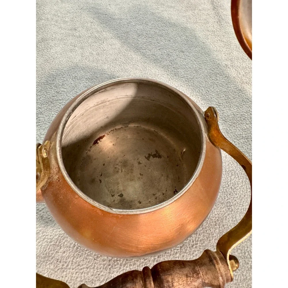 Vintage Copper Tea Kettle Brass‎ Handle Wood Grip Stovetop Decorative Teapot